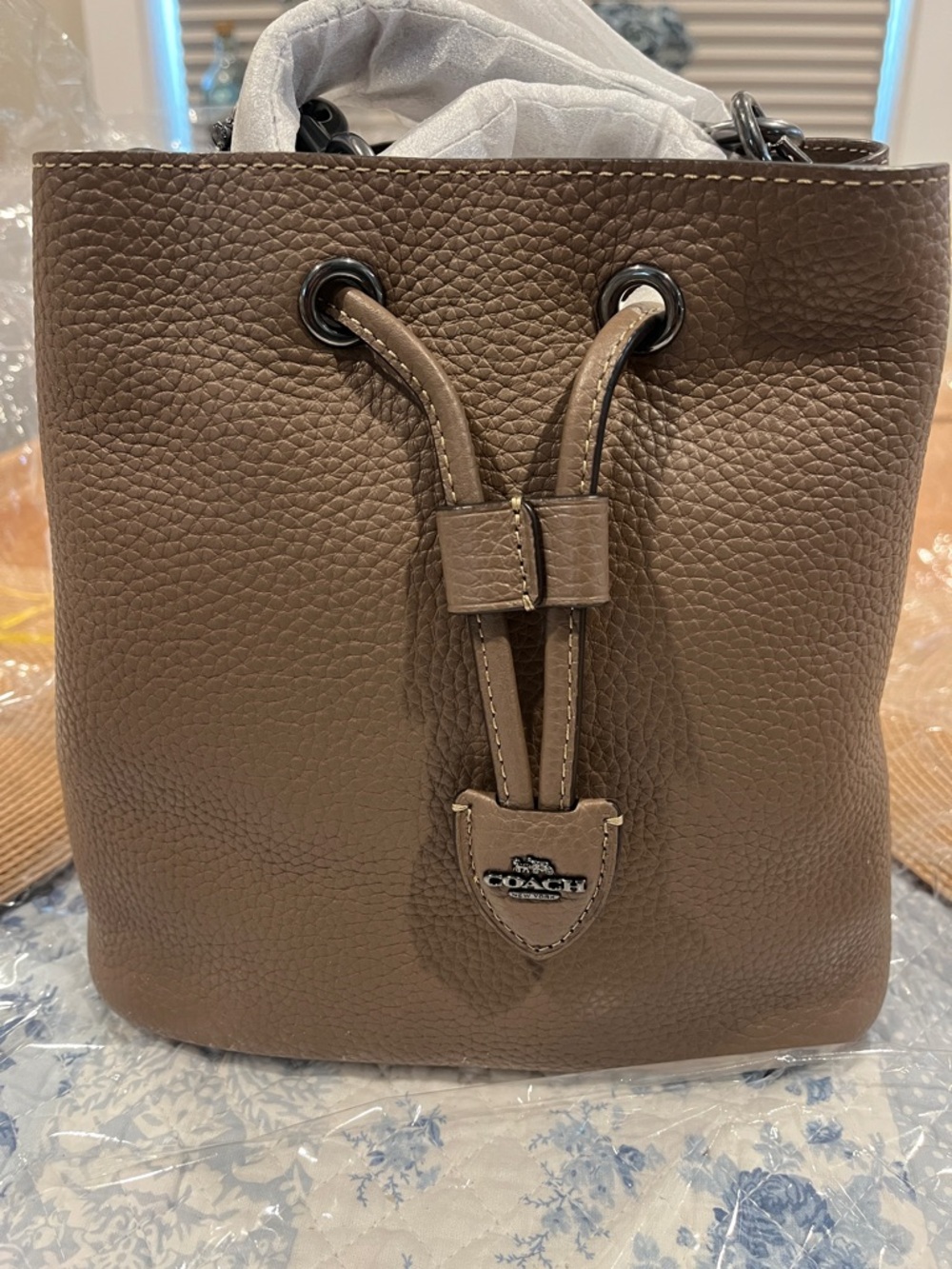 Coach Pebbled Leather Drawstring Bucket Bag - Brown new with tags